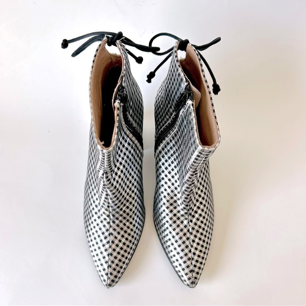 Anthropologie Metallic Check Pointed Toe Ankle Boot Silver Black Block Heel 36 - Picture 5 of 11